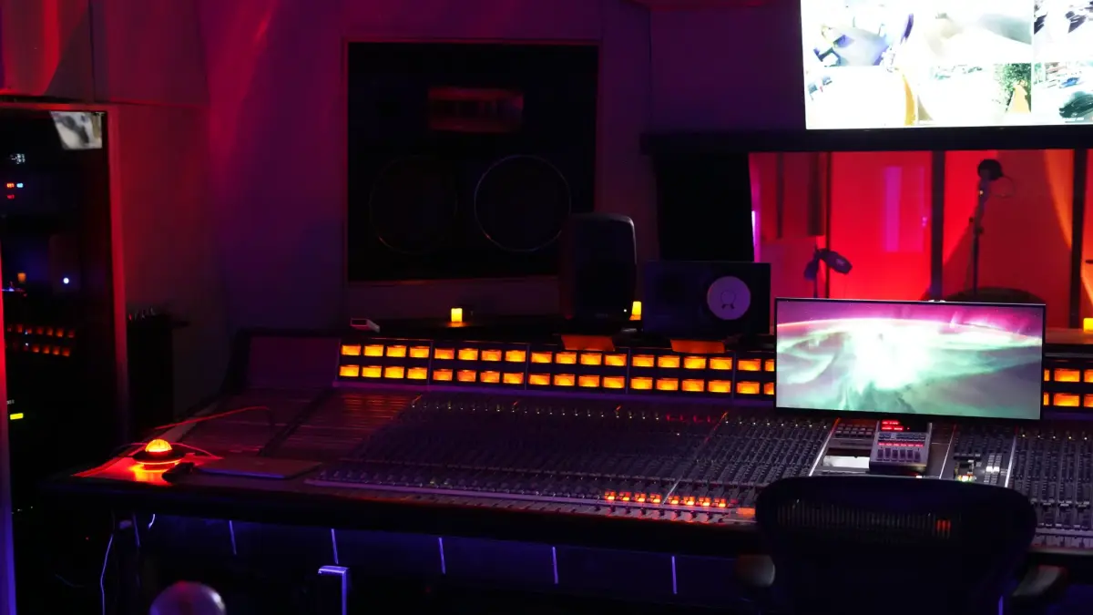 Wide view of the Studio D control room and SSL console